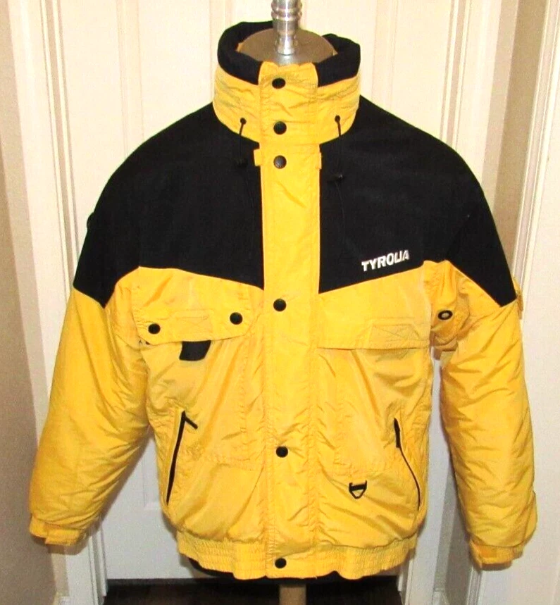 VTG Tyrolia Men's Ski Snow Jacket Yellow Black Zip Stow Away Hood Vented L  | eBay