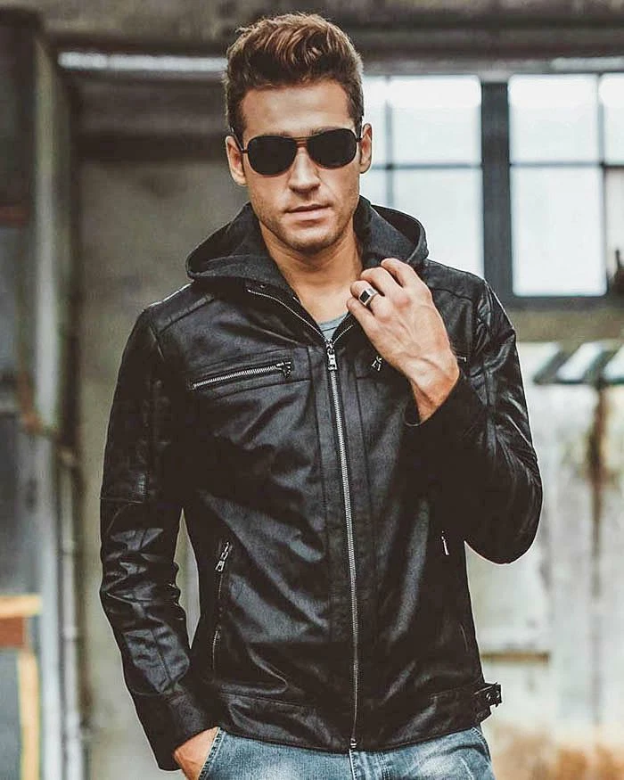 Black Leather Jacket Hood Men Pure Lambskin Size XS S M L XL XXL 3XL Custom Made