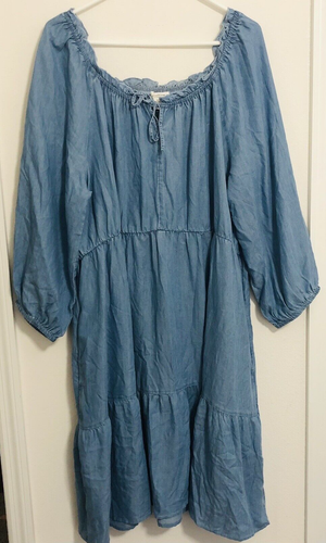 Beach Lunch Lounge Chambray Lyocell Tiered Peasant Style Dress NWOT Midi Sz XXL