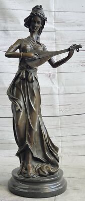 Musical Delight: Jean Patoue`s Original Bronze Statue of a Female Banjo Player