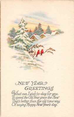 Cardinals in Near Snowy Evergreens & Homes - Old Art Deco New Year Postcard