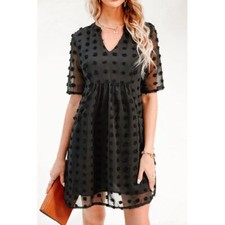 Cupshe Elegant Black Polka Dot V-Neck Mini Dress with Sheer Sleeves Size Large