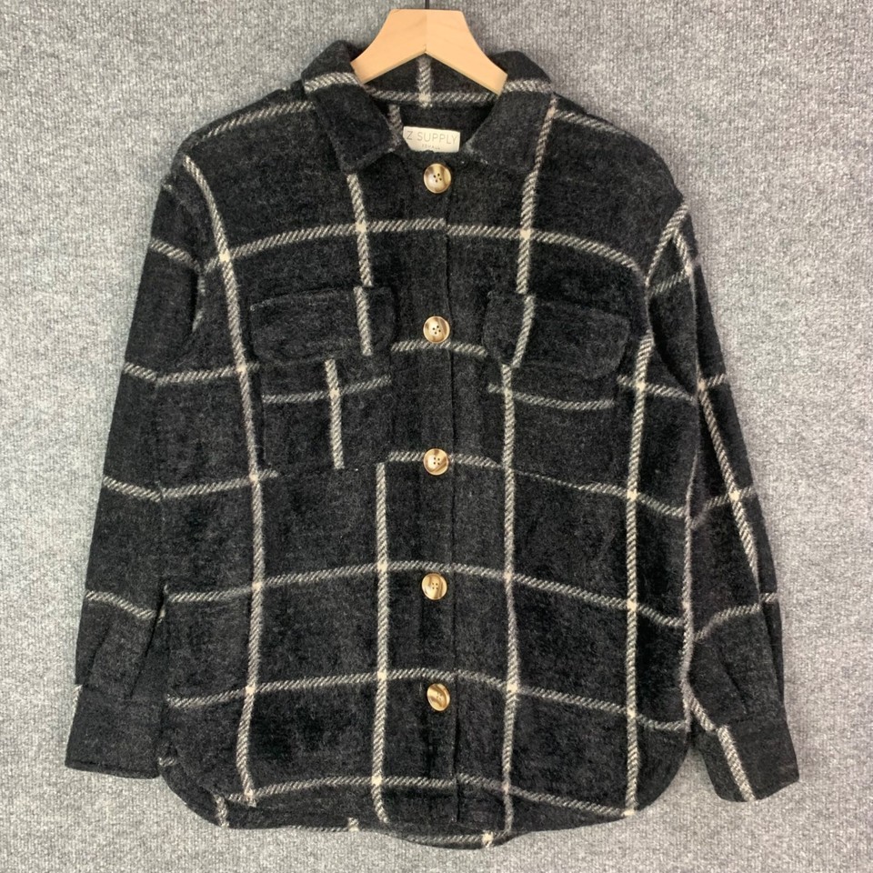 Z SUPPLY Plaid Tucker Jacket Shacket Women XS Black Ivory Soft Fuzzy