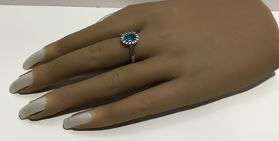 DESIGNER STS 925 STERLING SILVER OVAL BLUE TOPAZ & WHITE SPINEL HALO RING ~ 7