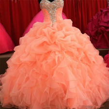Vizcaya by Madeline Gardner Peach Ball Gown Crystal Embellished Dress