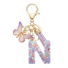 Alphabet Initial Letter N Keychain Cute Tassel Butterfly Key Chain Purple