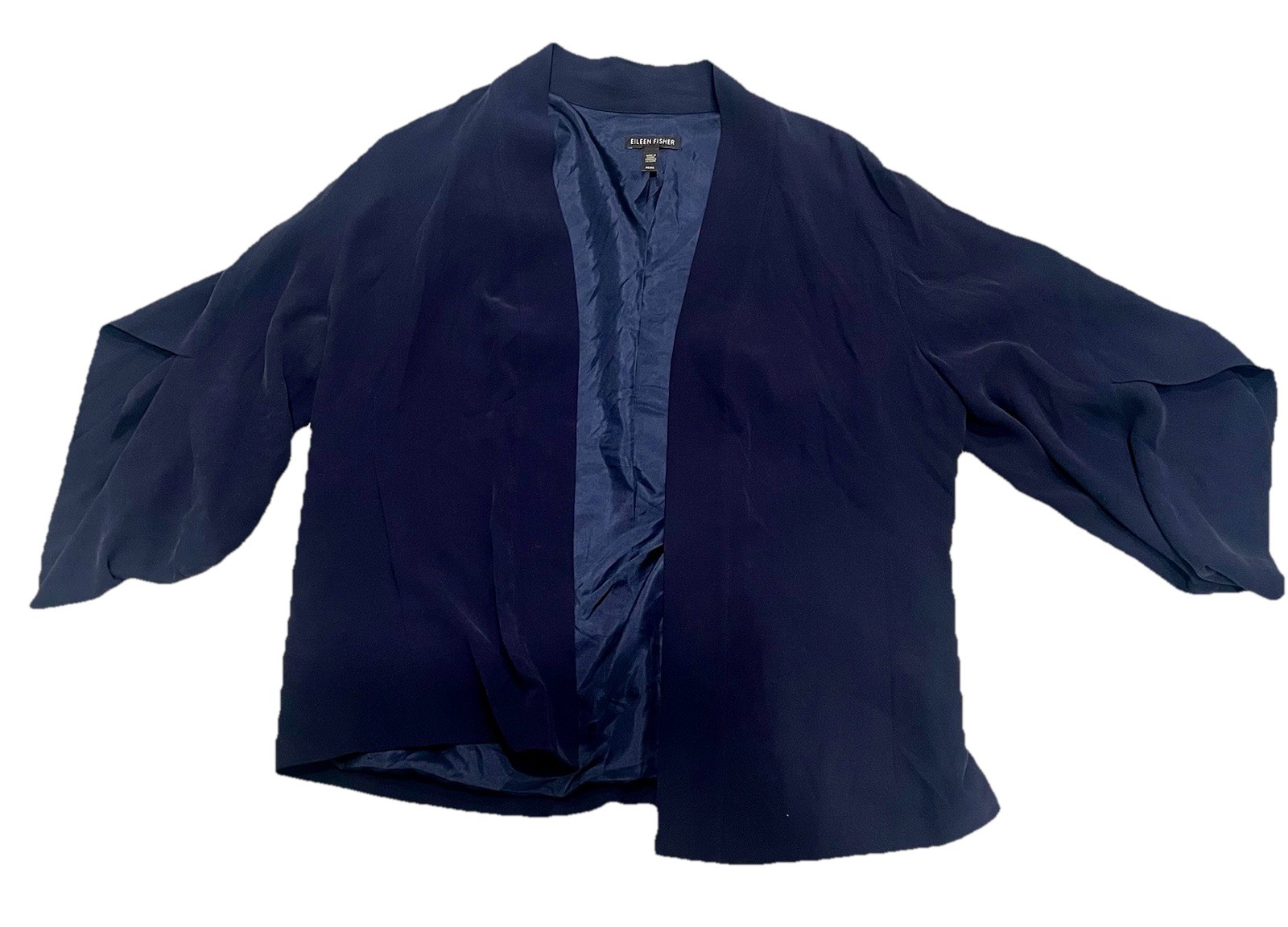 New Eileen Fisher 100% Silk Navy Open Front Kimono Jacket Blazer Women's Sz M