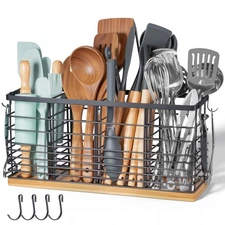 510 Ft³ Metal Extra Large Kitchen Utensil Holder with Wooden Base, 4 Compartm...