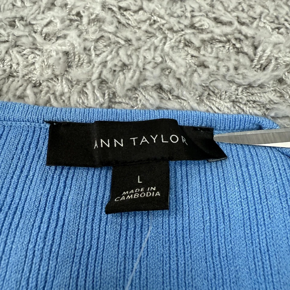 Suéter Ann Taylor Mujer Grande Azul Acanalado Tejido Pullover Manga Larga Elástico Foto 4 de 4