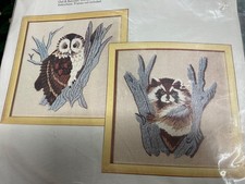 Columbia-Minerva Crewel Embroidery Kit with 2 pictures, an owl and a racoon