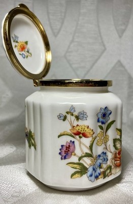 Vintage Aynsley Cottage Garden Cylindrical Bone China Trinket Box w/Brass Hinge