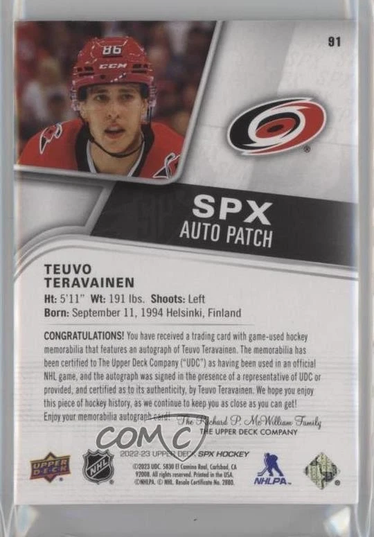 2022-23 SPx Auto Patch /25 Teuvo Teravainen #91 Patch Auto - Image 2 of 2