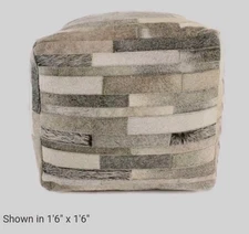$590 Bashian STRIATIONS Genuine Grey COWHIDE 16" Cube Pouf Ottoman LKNU Cond
