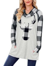 Ladies Xmas Elk Stag Black-Grey Plaid Cowl Neck Jumper Size Small 10 36” Chest 