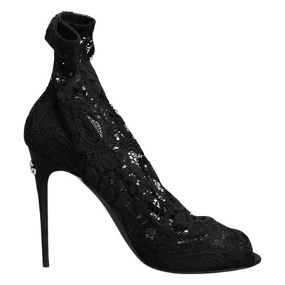 Dolce & Gabbana Zapatos Negro Elástico Taormina Encaje Botas EU39/US8.5 1200usd