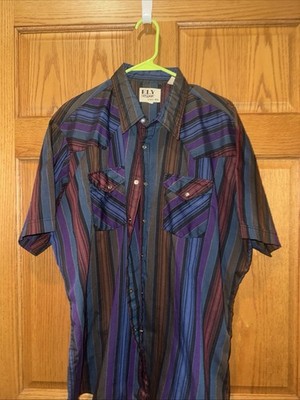 Vtg Ely Cattleman Pearl Snap Shirt Western Rodeo Cowboy Striped 17.5 Neck Lg