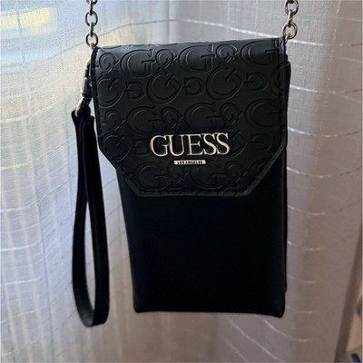 GUESS Black Logo Crossbody Phone Wallet Bag Magnetic Closure Silver Chain