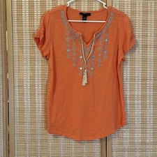 Style & Co Womens M T Shirt Orange Embroidered Tassels Boho Festival Bling