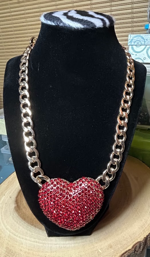 Red Crystal Gold Tone Center Heart Pendant Necklace.