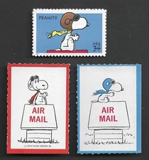 SNOOPY WWI FLYING ACE - U.S. STAMP + 2 VINTAGE AIRMAIL STICKERS - MINT CONDITION