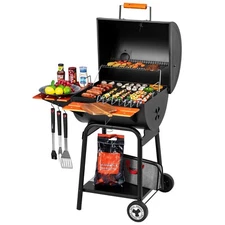 Royal Gourmet Charcoal BBQ Grill with Wooden Front Shelf & Side Shelf Black