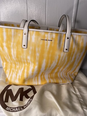 Michael Kors Tote Size Bag Yellow White Leather With Dust Bag