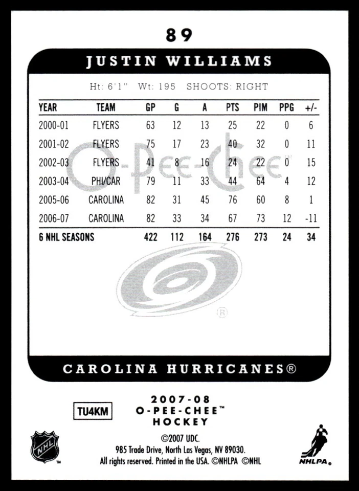 2007-08 O-Pee-Chee Micromotion Justin Williams Carolina Hurricanes #89 R122 - Image 2 of 2