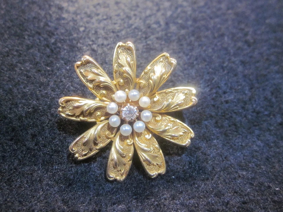 Broche prendedor flor perla semilla diamante oro 14K 5,2 gr antiguo eduardiano victoriano Foto 3 de 4