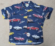 Vintage Paradise Found Blue Corvette Cars Button Up Hawaiian Shirt Men's Size XL