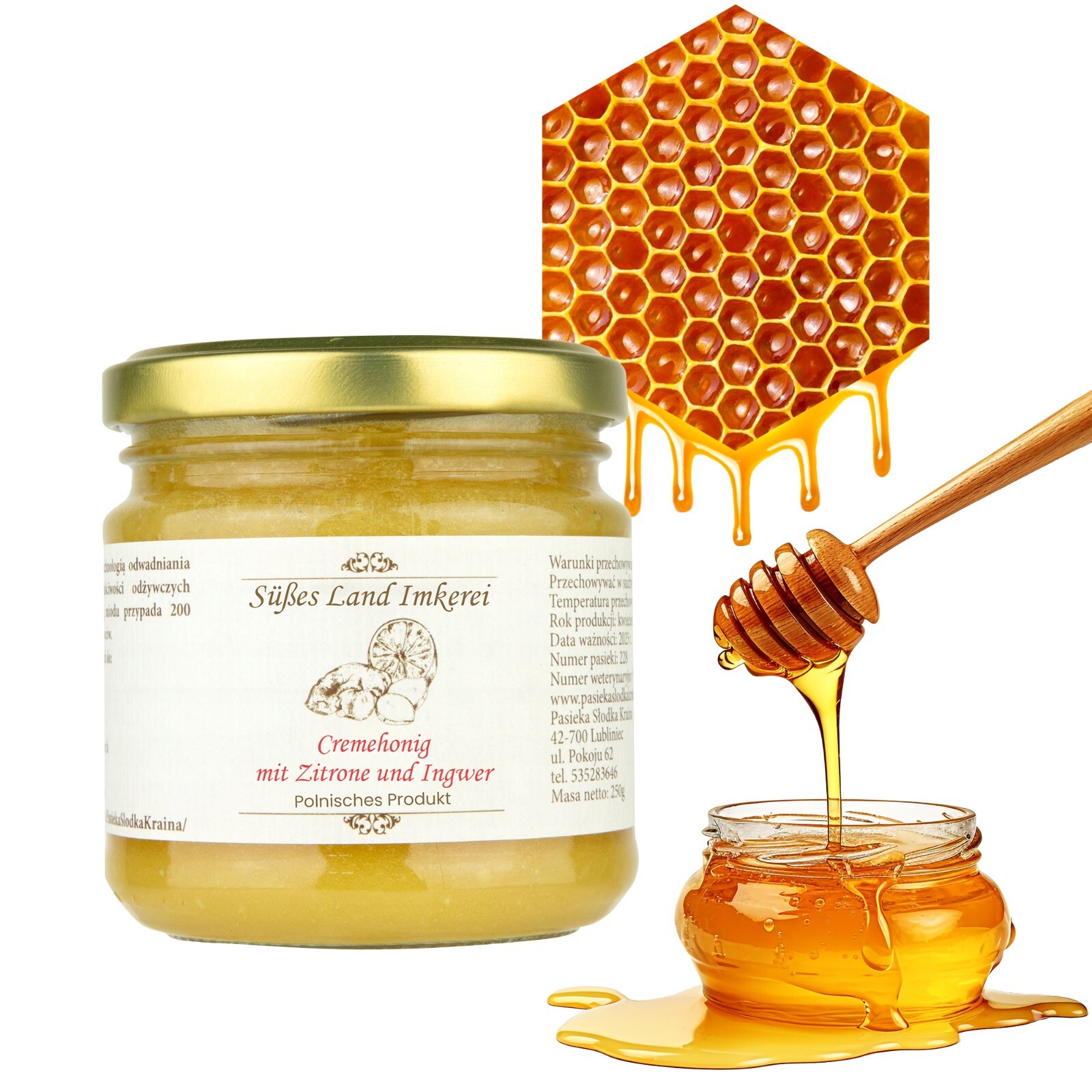 Honig Natural mit Zitrone und Ingwer natürlich 100% 250g Süßes Land Imkerei