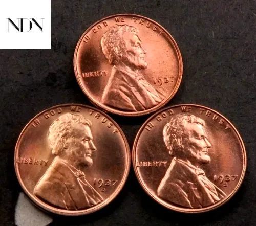 1937+1937-D+1937-S Lincoln Wheat Penny Cent Set - Gem BU Red - 3 Coin Lot