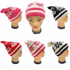 Knitted Beanie Hat with Fluffy Pompom Windproof Coldproof Sweet Style