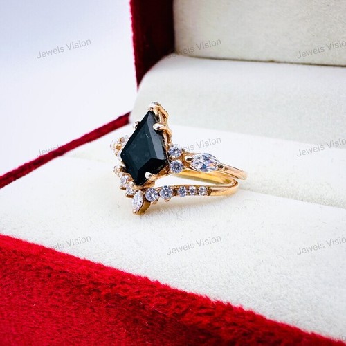 Natural Black Onyx Engagement Ring set, Black Onyx Black Gold Ring set - Picture 8 of 10
