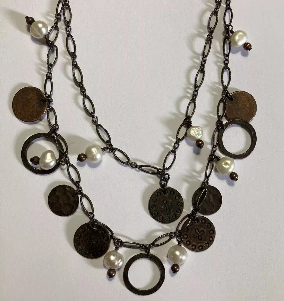 Collar de Perlas Moneda Metálica Bronce Silpada Doble Capa Retirado N1567