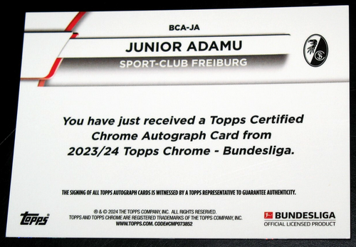 2023-24 Topps Chrome Sapphire Bundesliga Junior Adamu Black AUTO # 01/10 2024 - Picture 2 of 3
