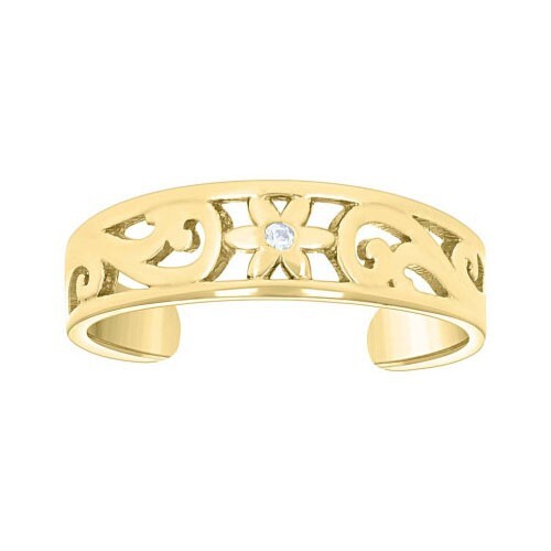 Real Solid 14kt Yellow Gold Womens Girls Cubic Zirconia Floral Toe Ring - Picture 1 of 1