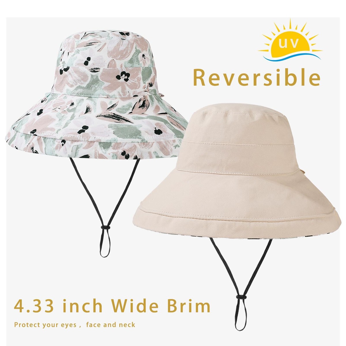Womens Sun Hats Wide Brim Reversible Bucket Cotton Hat  display picture 1