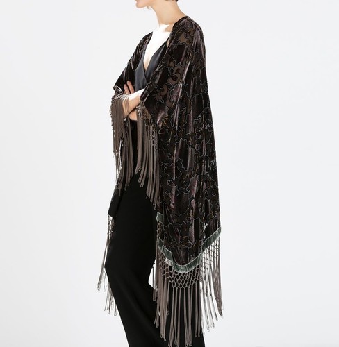 ❤️ZARA GELSO SETA VELLUTO PONCHO FRANGE VINTAGE KIMONO GIACCA CAFTANO M - Foto 7 di 22