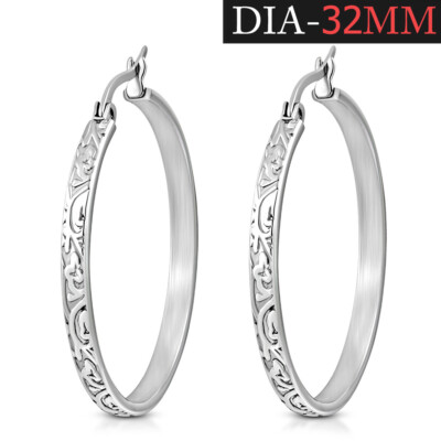 Stainless Steel Silver-Tone Round Floral Hoop Earrings, 1.25''
