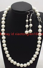Fashion New 8/10/12/14mm White Shell Pearl Gems Round Beads Necklace Earring Set
