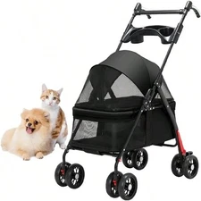 4-Wheel Pet Stroller, Foldable Dog Cat Cart with Cage, Storage Basket & Cup Hold