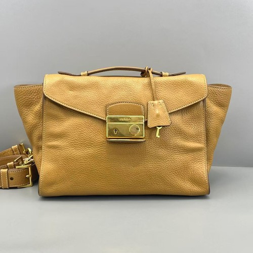 Prada Tan Pebbled Leather Flap Satchel Handbag