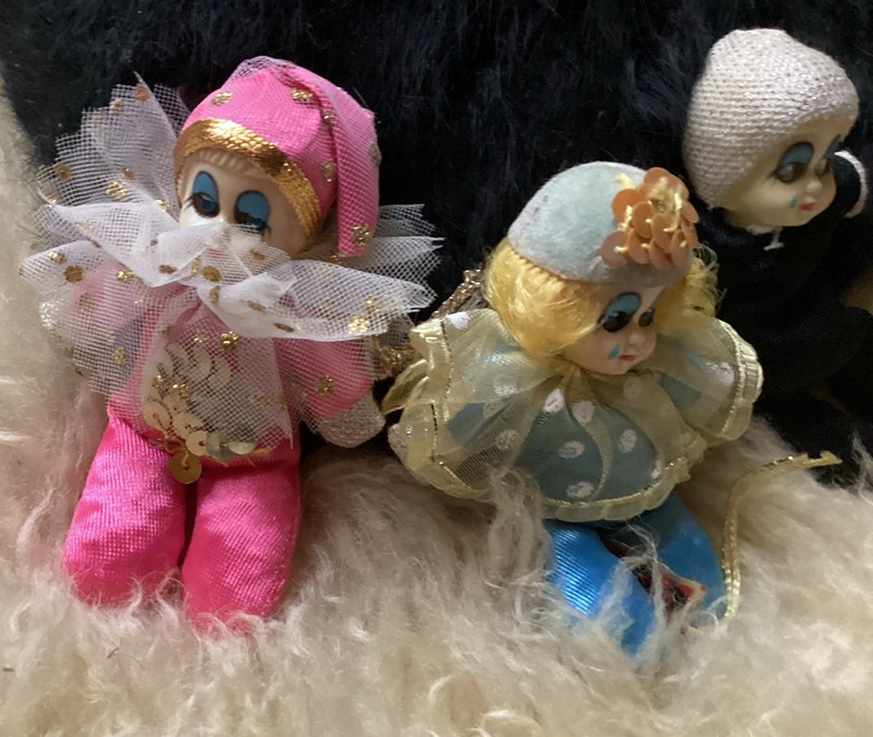 Italian Harlequin Handmade Doll Ornaments with Bean Body Lot of 4
