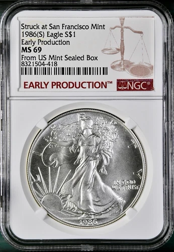 1986 (S) NGC MS69 EARLY PRODUCTION SILVER EAGLE STRUCK AT SAN FRANCISCO MINT