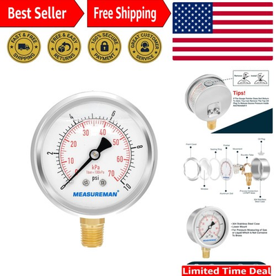 #ad Stainless Steel 2 1 2quot; Dial Pressure Gauge 0 10 psi Glycerin Filled amp; Brass $18.04