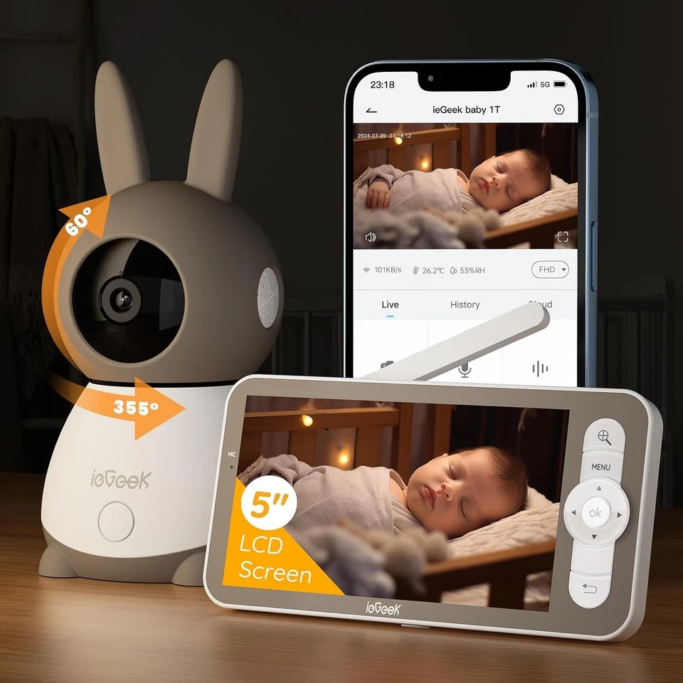 ieGeek Babyphone mit Kamera Top Qualität 2K/3MP, 5 Zoll WLAN Video babyfone PTZ