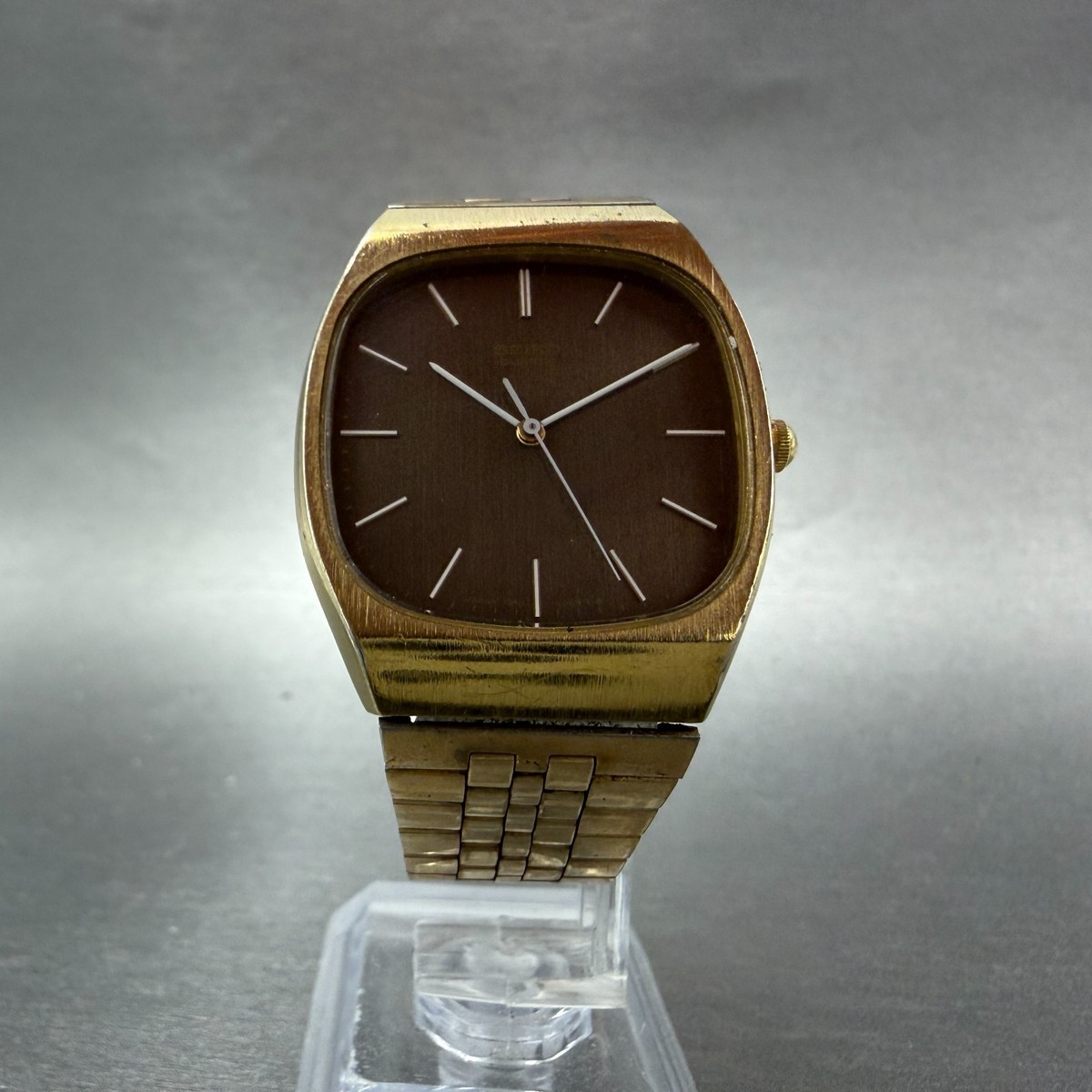 Seiko Watch Men 32mm Brown Dial Gold Tone Rectangle 7810-5069 New