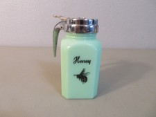 Vintage Anchor Hocking Jadeite Green Glass Honey Bee Dispenser w/Lid