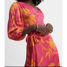 Joseph Ribkoff Wrap Dress Womens 10 Pink Orange Floral Satin Midi Balloon Sleeve