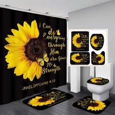 4pcs Sunflower Shower Curtain Set Inspirational Quotes Flower Bathroom Decor ...